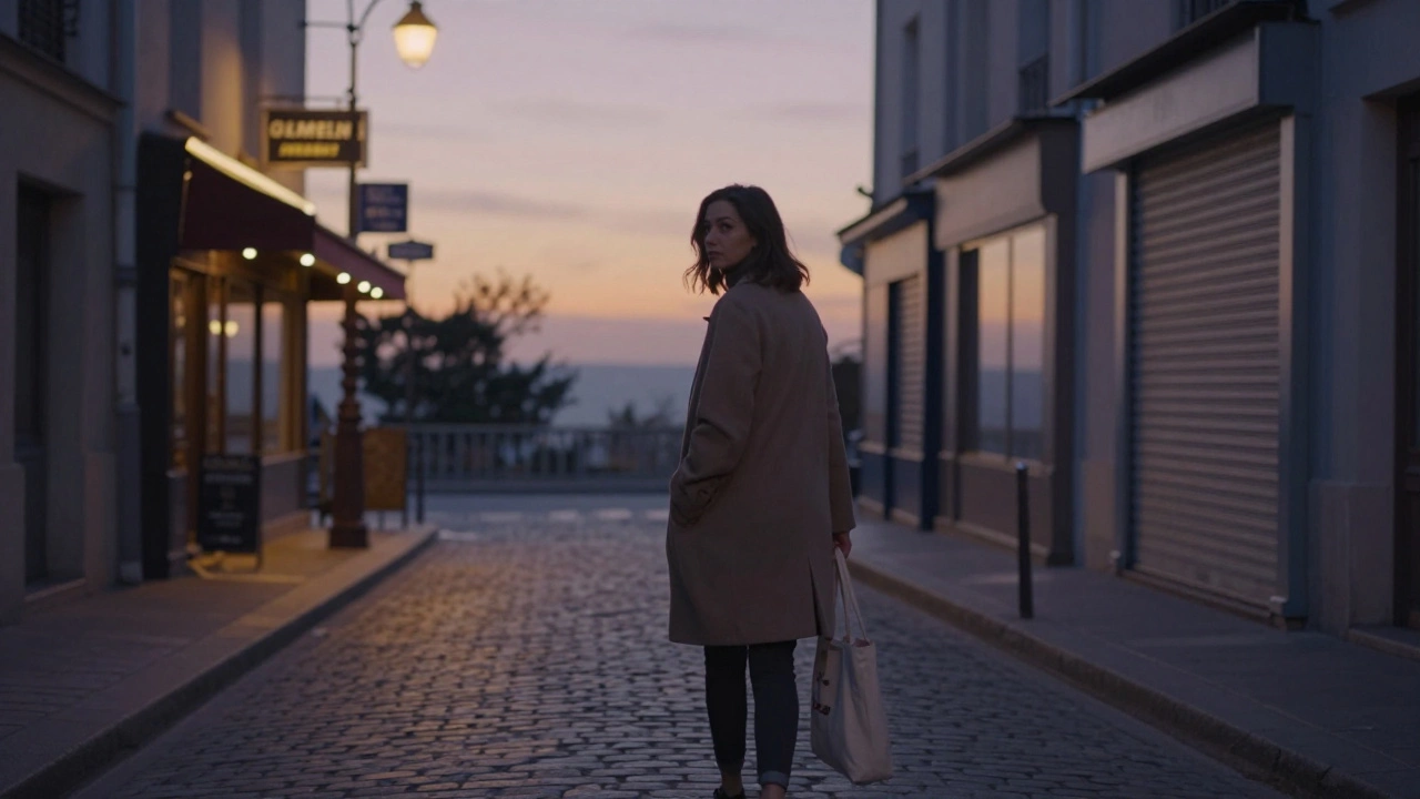 A woman walking alone through a quiet Paris street at dusk, exuding calm awareness in an urban setting.