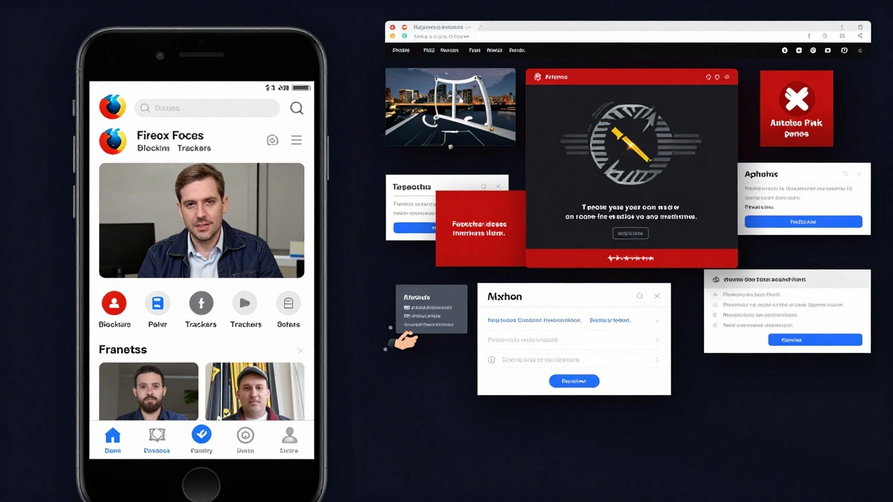 Mobile browser blocking trackers versus a desktop flooded with malware pop-ups.