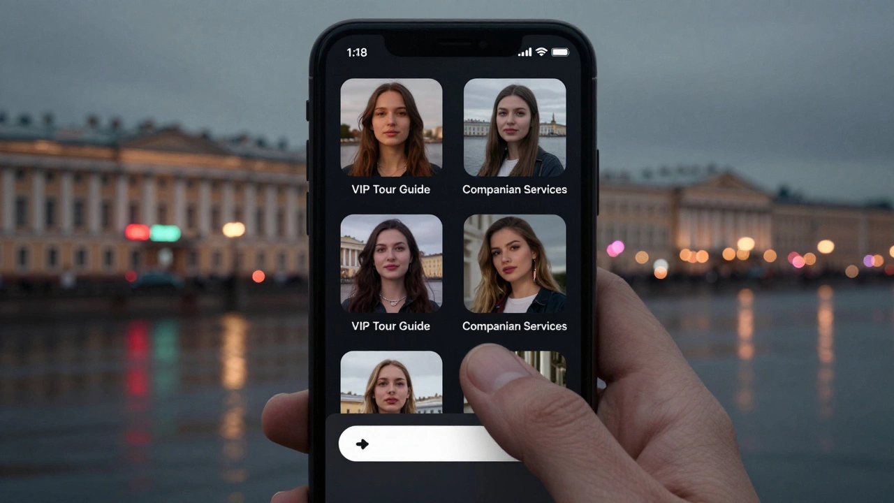 Smartphone showing a hidden Telegram escort profile with cryptic labels, blurred St. Petersburg cityscape in background.