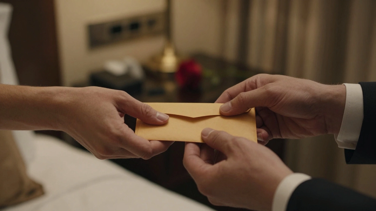 Two hands exchanging cash in a luxurious hotel room, conveying silent respect and discretion.