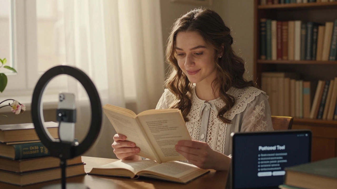 Young woman recording a poetry video in a cozy home, vintage dress, books visible, morning light streaming in.